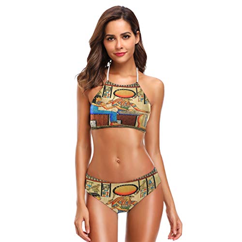 BIGJOKE Bikini für Damen, ägyptisches Tribal-Design, afrikanischer Stil, Neckholder, hoher Kragen, gepolstert, Badeanzug-Set für Erwachsene, Teenager, Mädchen, S-XXL Gr. M, mehrfarbig von AUUXVA