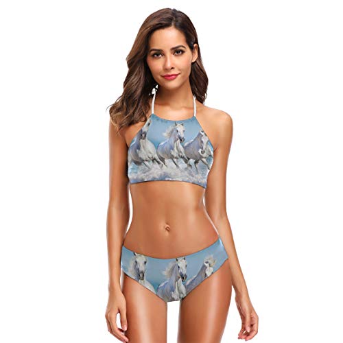 BIGJOKE Damen Bikini mit süßem Pferde-Muster, Neckholder, hoher Halsausschnitt, 2-teilig, gepolstert, Badeanzug-Set für Erwachsene, Teenager, Mädchen, S-XXL Gr. XL, mehrfarbig von AUUXVA