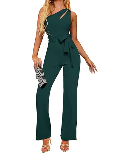 AUXDIO Damen Sommer One-Shoulder-Cutout Elegant Casual Ärmellos Hohe Taille Gürtel Weites Bein Jumpsuits, Dunkelgrün, Large von AUXDIO