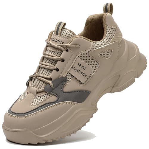 AUXDIQ Sicherheitsschuhe Arbeitsschuhe Damen Leicht Stahlkappenschuhe Atmungsaktiv rutschfeste Arbeitsturnschuhe Khaki 34 EU von AUXDIQ