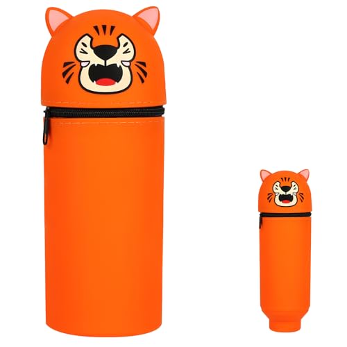 AUYAO 2-in-1 Silikon Federmäppchen Kawaii Federtasche aus Weichem Silikon Schulmäppchen für Mädchen Junge Kind Mäppchen Tiere Stifthalter Einziehbares Federmappe Federmäppchen mit Reißverschluss-Tiger von AUYAO