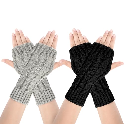 AUYAO 2Pcs Winter Armstulpen Damen Thermo Gestrickte Fingerlos Handschuhe Warm Strick Handstulpen Unisex Armwärmer Stulpen Pulswärmer Winterhandschuhe mit Daumenloch Über (B: Schwarz+Hellgrau,21cm) von AUYAO