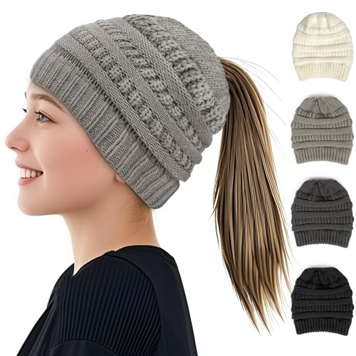 AUYAO Damen Mädchen Strickmütze mit Zopfloch für Pferdeschwanz Wintermütze Gestrickt Beanie Mütze Warme Hut mit Haaren Winter Kappe Beanie Ponytail Cap Damen Häkelmütze Mütze mit Loch Zopf (Hellgrau) von AUYAO