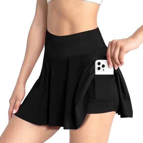 AUYAO Damen Plissiert Tennisrock mit Hose Tennis Rock Skort Mädchen mit Hoher Taille Tennisröcke Schwarzer Activewear Minirock mit Taschen Sommer Outdoor Sportrock Skirt für Sport Tennis Golf Laufen M von AUYAO