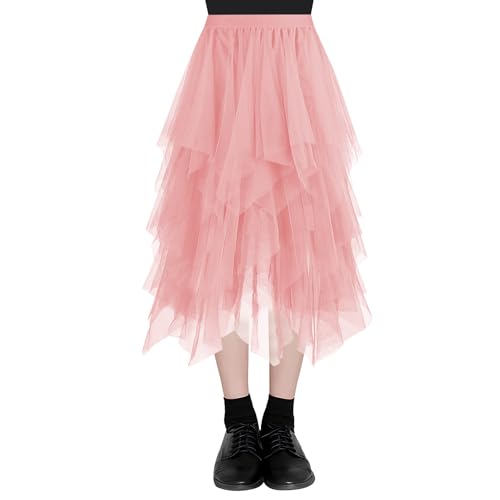 AUYAO Damen Tüllrock Klassisch Lang Ballett Tutu Rock Unregelmäßige Tütü Tutu Rock Damen Mesh Nähte Tutu Röcke Elastische Tüll Rock High Waisted Rock A-Linie Midirock Lagenrock Sommerrock 80CM (Rosa) von AUYAO
