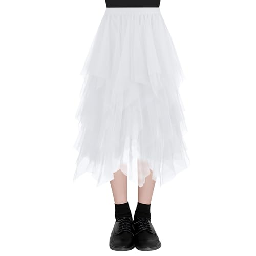 AUYAO Damen Tüllrock Klassisch Lang Ballett Tutu Rock Unregelmäßige Tütü Tutu Rock Damen Mesh Nähte Tutu Röcke Elastische Tüll Rock High Waisted Rock A-Linie Midirock Lagenrock Sommerrock 80CM (Weiß) von AUYAO