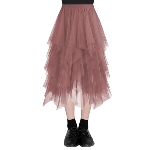 AUYAO Damen Tüllrock Klassisch Lang Ballett Tutu Rock Unregelmäßige Tütü Tutu Rock Damen Mesh Nähte Tutu Röcke Elastische Tüll Rock High Waisted Rock A-Linie Midirock Lagenrock Sommerrock 80CM (Khaki) von AUYAO