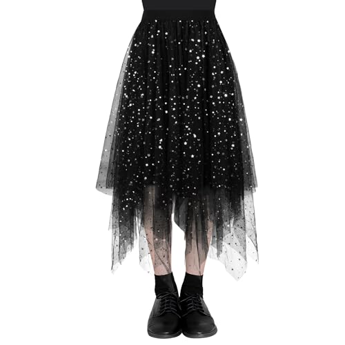 AUYAO Damen Tüllrock Klassisch Lang Ballett Tuturock Unregelmäßige Tütü Tutu Rock Damen Mesh Nähte Tutu Röcke Elastische Tüll Rock High Waisted Rock A-Linie Midirock Lagenrock 80CM (Sternenhimmel-B) von AUYAO