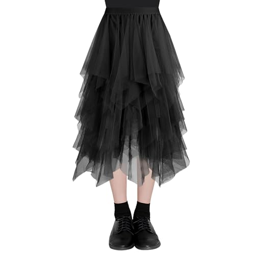 AUYAO Damen Tüllrock Klassisch Lang Ballett Tuturock Unregelmäßige Tütü Tutu Rock Damen Mesh Nähte Tuturöcke Elastische Tüll Rock High Waisted Rock A-Linie Midirock Lagenrock Sommerrock 80CM (Schwarz) von AUYAO