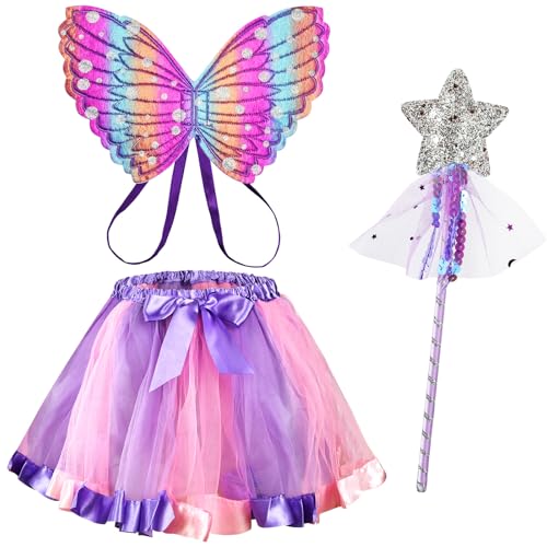 AUYAO Feenflügel Kostüm Kinder 3Pcs Schmetterlings Flügel Mädchen Prinzessinnenflügel Elfen Fee Anzieh Sets mit Tutu Haarband Zepter für Halloween Karneval Geburtstag Fasching Kostüm Requisiten Lila von AUYAO