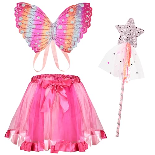 AUYAO Feenflügel Kostüm Kinder 3Pcs Schmetterlings Flügel Mädchen Prinzessinnenflügel Elfen Fee Anzieh Sets mit Tutu Haarband Zepter für Halloween Karneval Geburtstag Fasching Kostüm Requisiten Rosa von AUYAO