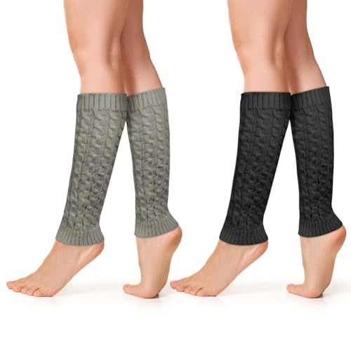 AUYAO Gestrickte Beinstulpen Damen 2Pcs Winter Stulpen Crochet Stricken Lose Beinwärmer Lange Leg Warmers Gothic Punk Thermo Gestrickte JK Socken Legwarmers 90er Kawaii Häkelstulpen(Hellgrau, Schwarz) von AUYAO