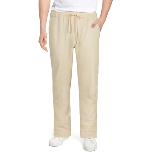AUYAO Herren Leinenhose Elastischer Sommerhose Lang Leichte Hosen Loose-Hosen für Herren mit Taschen Kordelzug Freizeithose für Urlaub Strand Yoga Gehen Alltag Yogahose Herren Stoffhose Khaki Hosen M von AUYAO