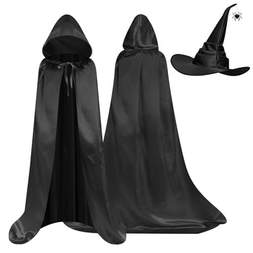 AUYAO Hexenkostüm Damen, Hexen Kostüm Komplettset mit Kapuzenumhang Spinnenhexenhut, Hexen Umhang Halloween Kostüm Erwachsene für Halloween Karneval Maskerade Hexe Vampir Cosplay Party (Schwarz,100) von AUYAO