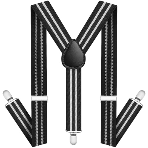AUYAO Hosenträger für Herren Streifen Hosenträger Herren Stark Breit 2,5 Cm mit Sehr Starken 3 Metall Clips Einstellbar Elastisch Einheitsgröße Hosenträger Männer Damen Breit Lang Y Form(Schwarz weiß) von AUYAO