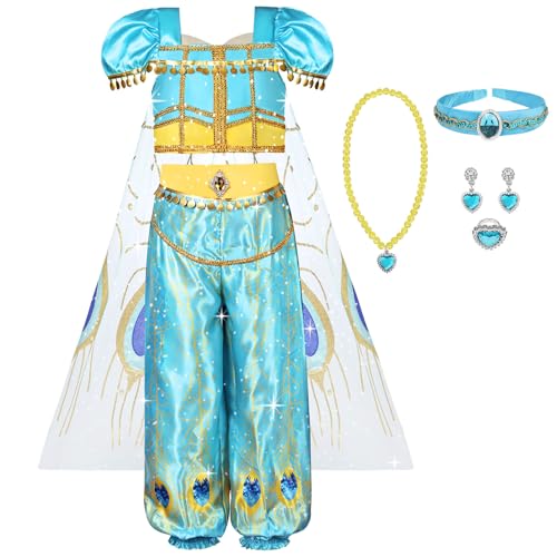 AUYAO Jasmin Kostüm 8PC Prinzessin Kleid Kostüm Mädchen mit Oberteil Hose Halskette Umhang Stirnband Ring und Ohrringe Aladin Cosplay Outfit Kinder Princess Kostüm Halloween Verkleidung Karneval 120cm von AUYAO