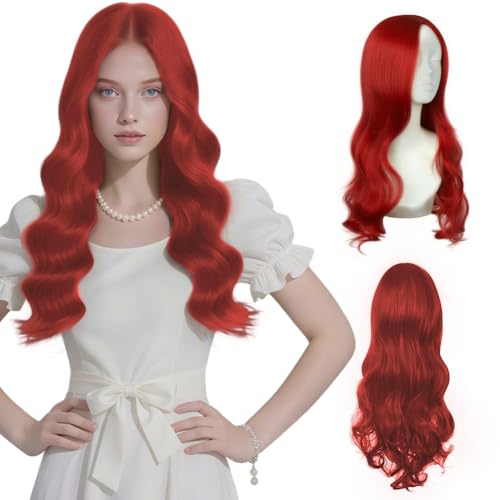 AUYAO Lange lockige Haar Perücken für Frauen Synthetische Perücke Damen Lange Gewellte Haarperücke Wavy Hitzebeständige Perücken mit Haarnetz für Alltag/Party/Cosplay/Karneval/Fasching(Dunkelrot,66cm) von AUYAO