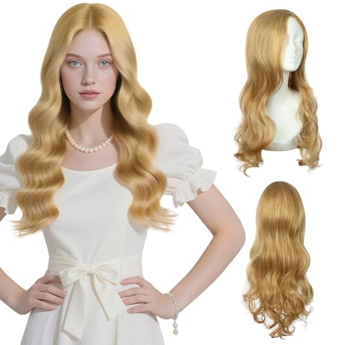 AUYAO Lange lockige Haar Perücken für Frauen Synthetische Perücke Damen Lange Gewellte Haarperücke Wavy Hitzebeständige Perücken mit Haarnetz für Alltag/Party/Cosplay/Karneval/Fasching(Hellblond,66cm) von AUYAO