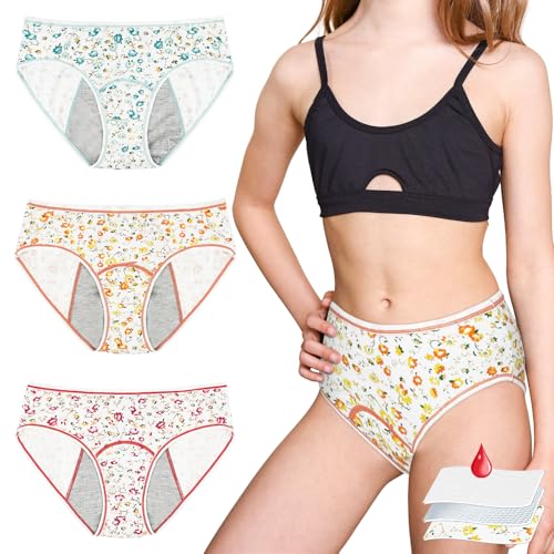 AUYAO Perioden Unterwäsche Mädchen 3Pcs Periodenslip Periodenunterschwäsche 25ML Menstruationsunterwäsche Nur Die Periodenunterwäsche Set Unterhosen Menstruation (S-Gebrochene Blüten–Grün/Rot/Orange) von AUYAO