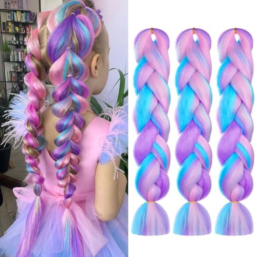 AUYAO Ponytail Extension Gradient 3PC Braids Extensions Mehrfarbig Glattes Haar Bunte Haarsträhnen für Damen Kinder Mädchen Haarsträhnen zum Braiding Hair Einflechten Haar für Party Festival Cosplay-D von AUYAO
