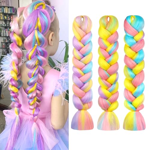 AUYAO Ponytail Extension Gradient 3PC Braids Extensions Mehrfarbig Glattes Haar Bunte Haarsträhnen für Damen Kinder Mädchen Haarsträhnen zum Braiding Hair Einflechten Haar für Party Festival Cosplay-E von AUYAO
