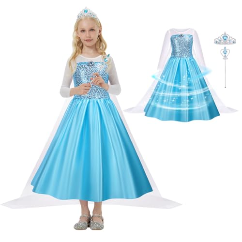 AUYAO Princess Kostüm Kinder Mädchen Kleid 4-teiliges Prinzessinnenkleid Set Kinder Prinzessin Kleid mit Krone Diadem Zauberstab für Verkleidung Karneval Halloween Rollenspiel Geburtstag Party (150cm) von AUYAO