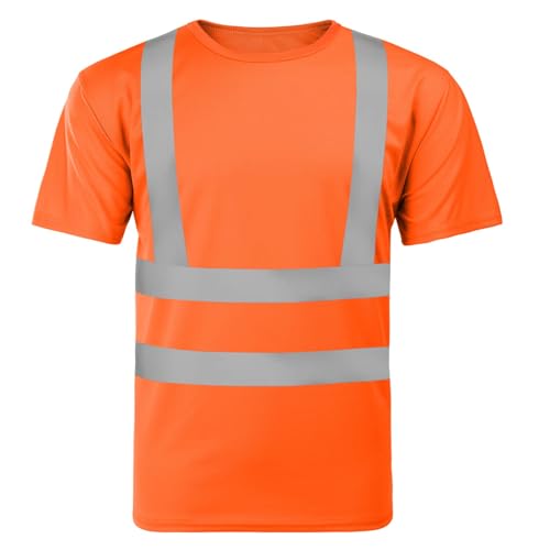 AUYAO Profi Warnschutz T-Shirt Warnkleidung Leicht Kurzarmshirt Kurzarm Hohe Sichtbarkeit Arbeitsshirt Warnshirt Reflektierend Arbeitshemd Hochsichtbares Bahn-T-Shirt Warnschutz Tshirt Herren Orange L von AUYAO