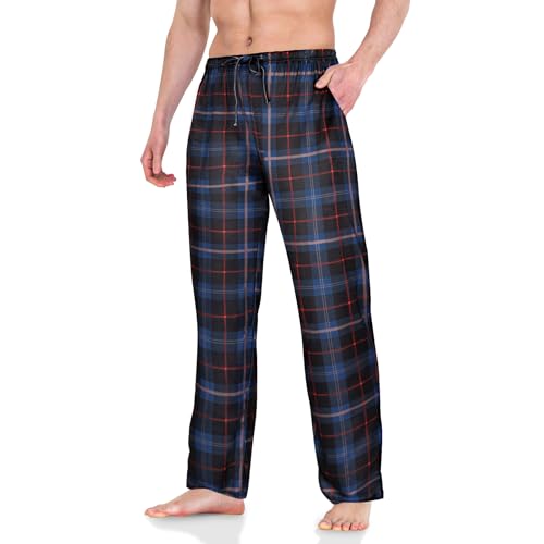 AUYAO Pyjama für Herren Schlafanzughose Pyjamahose Herren Dehnbare Leicht Pyjamshorts Nachtwäsche Pyjamaunterteil Freizeithose Loungehose Männer mit Elastischer Bund und Kordelzug (Blau kariert, L) von AUYAO