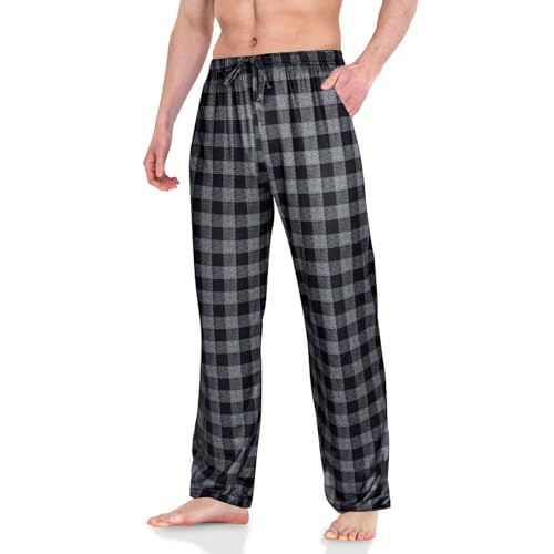 AUYAO Pyjama für Herren Schlafanzughose Pyjamahose Herren Dehnbare Leicht Pyjamshorts Nachtwäsche Pyjamaunterteil Freizeithose Loungehose Männer mit Elastischer Bund und Kordelzug (Grau kariert, XL) von AUYAO