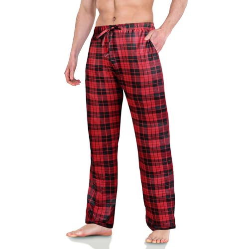 AUYAO Pyjama für Herren Schlafanzughose Pyjamahose Herren Dehnbare Leicht Pyjamshorts Nachtwäsche Pyjamaunterteil Freizeithose Loungehose Männer mit Elastischer Bund und Kordelzug (Rot kariert, M) von AUYAO
