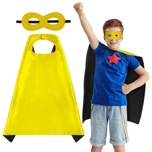 AUYAO Superheld Cape Costume Kids 2Pcs Kurzer Doppelseitiges Umhang mit Maske Halloween Kostüm Kinderkostüm Mädchen Junge Faschingskostüme Karneval Cosplay Superhelden Cape Kinder (B-Gelb+Schwarz) von AUYAO