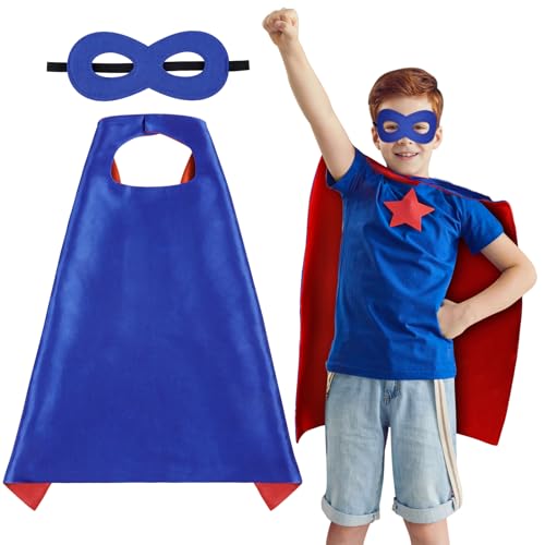 AUYAO Superheld Cape Costume Kids 2Pcs Kurzer Doppelseitiges Umhang mit Maske Halloween Kostüm Kinderkostüm Mädchen Junge Faschingskostüme Karneval Cosplay Superhelden Cape Kinder Kostüm (B-Blau+Rot) von AUYAO
