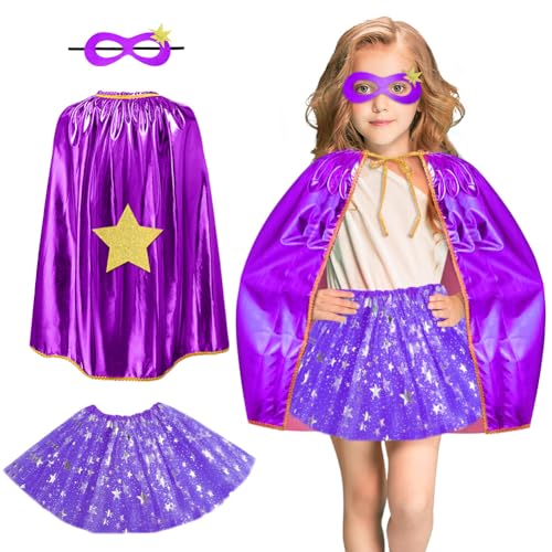 AUYAO Superheld Cape Fünfzackiger Stern Costume Kids 3Pcs Supergirl Doppelseitiges Umhang mit Maske und Rock Halloween Kostüm Kinderkostüm Mädchen Faschingskostüme Karneval Cosplay Cape Kinder(A-Lila) von AUYAO