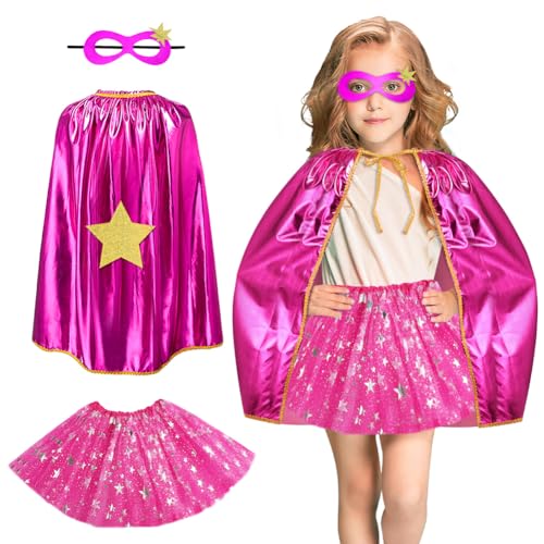 AUYAO Superheld Cape Fünfzackiger Stern Costume 3Pcs Supergirl Doppelseitiges Umhang mit Maske, Rock Halloween Kostüm Kinderkostüm Mädchen Faschingskostüme Karneval Cosplay Cape Kinder (A-Rosarot) von AUYAO