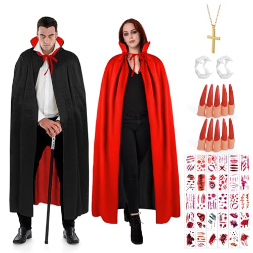 AUYAO Vampirkostüm Damen Herren 35Pcs Vampir Cape Set mit Doppelseitig Umhang Kragen/Künstliche Zähne/Rot Lange Nägel/Kreuzkette/Narbenaufkleber Halloween Kostüm Erwachsene Cosplay Schwarz-Rot 150cm von AUYAO