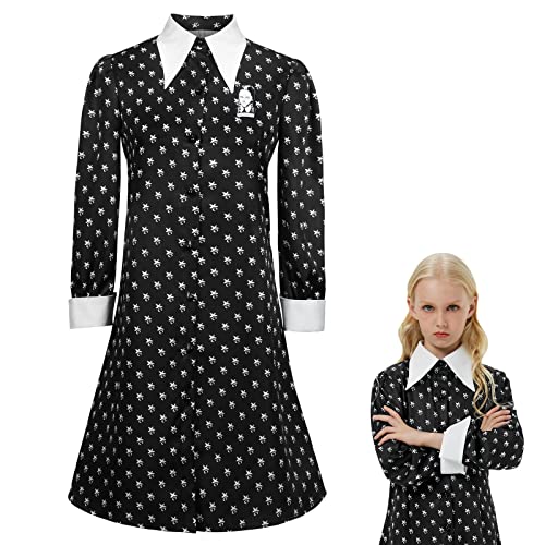 AUYAO Wednesday Schwarzer Kleid Outfits Set Kostüm für Kinder Damen Scream Mädchen Halloween Costume Maskerade Familienfeier Karneval Cosplay Party 150cm von AUYAO