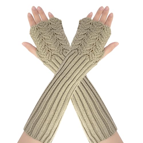 AUYAO Winter Armstulpen Damen Thermo Gestrickte Fingerlos Handschuhe Warm Strick Handstulpen Unisex Lange Armwärmer Stulpen Pulswärmer Winterhandschuhe mit Daumenloch Über Kinder (C: Hellgrau,31cm) von AUYAO
