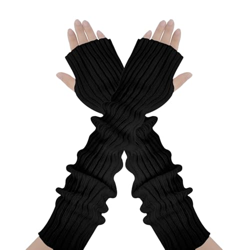 AUYAO Winter Armstulpen Damen Thermo Gestrickte Fingerlos Handschuhe Warm Strick Handstulpen Unisex Lange Armwärmer Stulpen Pulswärmer Winterhandschuhe mit Daumenloch Über Kinder (D: Schwarz,50cm) von AUYAO