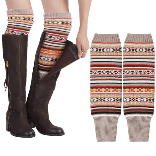 AUYAO Winter Stulpen Damen Winter Beinstulpen Retro Gestrickte Beinwärmer Stricken Häkelarbeit Lange Leg Warmers Herbst Legwarmers Mädchen Knöchelwärmer Stiefel Boot Abdeckung Winterwärmer (Khaki) von AUYAO