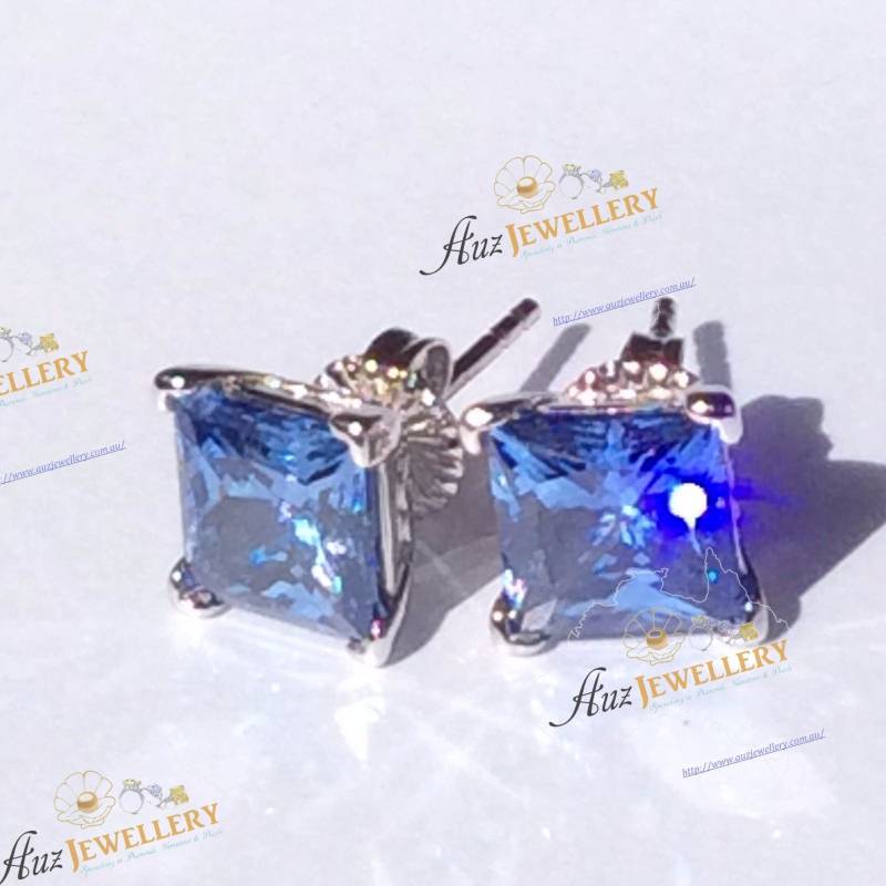 Saphir Ohrringe Echte 925 Silber Princess Cut Simulierte Blaue Ohrstecker, Prinzessin Schliff Ohrringe, Erstellt von AUZJewellery