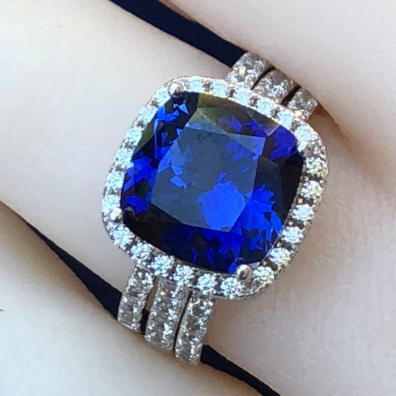 Saphir-Ring-Set 3Pcs Braut Set, 5Ct Halo Kissen Geschnitten Saphir, Simulierte Diamant Verlobung Singring, Edelstein Ringe, Ringe von AUZJewellery