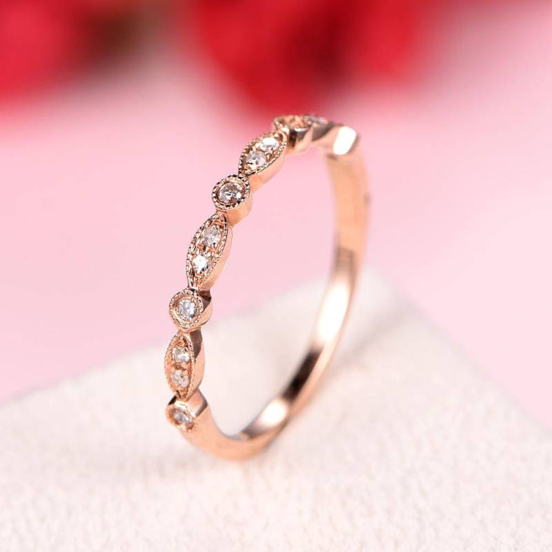 Antike Diamant Hochzeit Band Rose Gold Frauen Halbe Ewigkeit Braut Stapeln Passende Ring Art Deco Jahrestagsgeschenk Für Ihr Versprechen Ringe Set von AUjewelAU