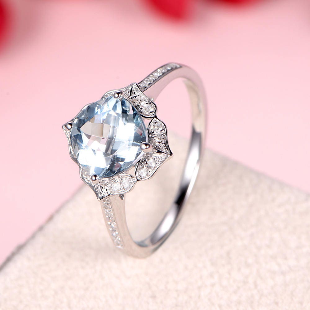 Aquamarin Verlobungsring Antik Floral Halo Weiß Gold Kissenschliff Ehering Diamant Braut Jubiläum Geschenk Retro Ringe Set Art Deco von AUjewelAU