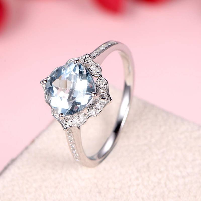 Aquamarin Verlobungsring Antik Floral Halo Weiß Gold Kissenschliff Ehering Diamant Braut Jubiläum Geschenk Retro Ringe Set Art Deco von AUjewelAU