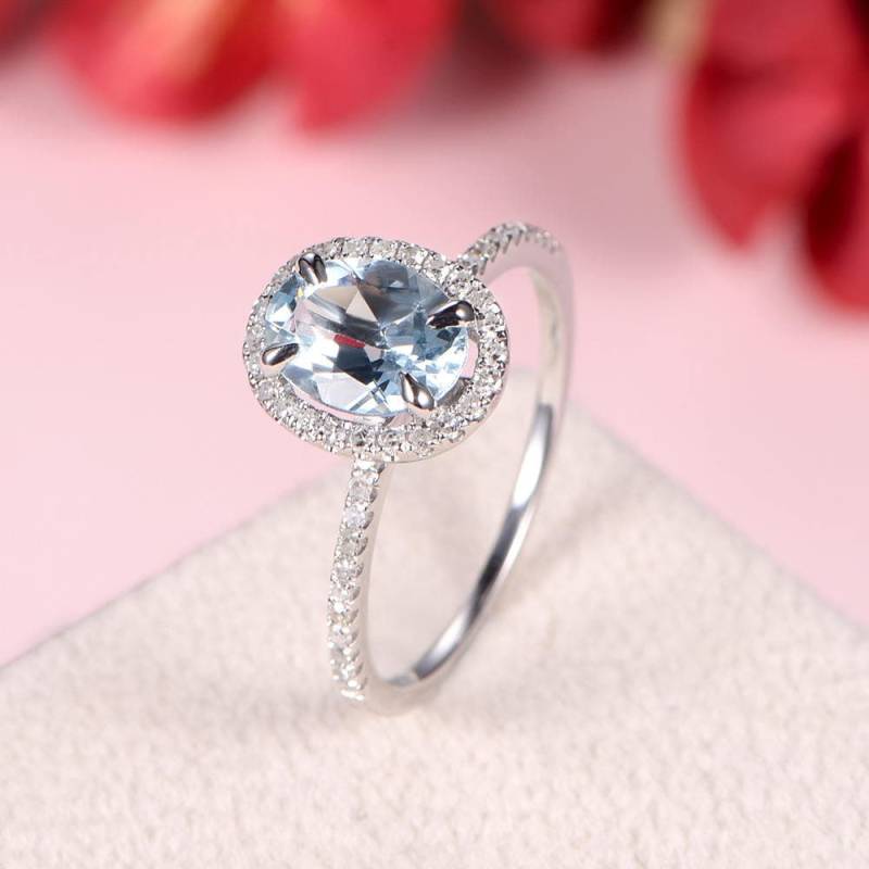 Aquamarin Verlobungsring Oval Geschnitten Weißgold Diamant Halo Ring Frauen Hochzeit Braut Geschenk Jahrestag Versprechen Für Ihren März Birthstone von AUjewelAU