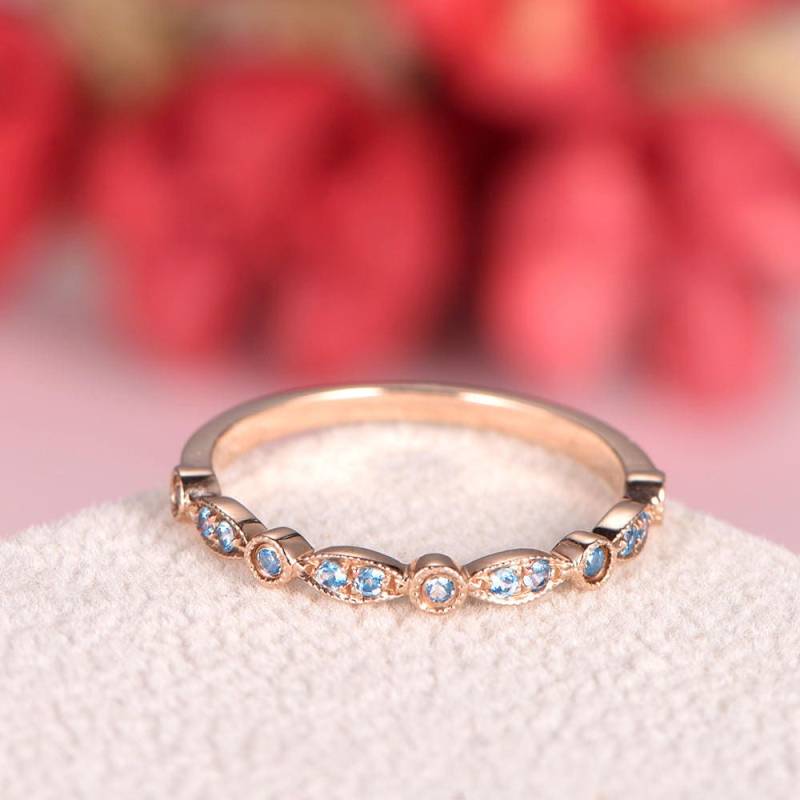 Art-Deco-Hochzeit Band Frauen Blau Topas Halbe Ewigkeit Rose Gold Antike Passende Stapelring Marquise Milgrain Vintage Jahrestagsgeschenk von AUjewelAU