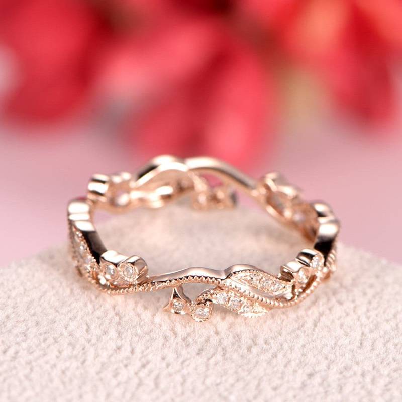 Diamant-Hochzeit-Band Rose Gold Antike Art-Deco-Frauen Braut Ring Floral Vintage Jahrestagsgeschenk Volle Ewigkeit Milgrain Versprechen Band von AUjewelAU