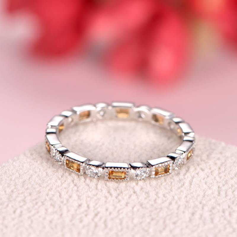 Gelbe Citrin Diamant Hochzeit Band Weißgold Frauen Ewigkeit Ring Art Deco Birthstone Stapeln Milgrain Braut Jahrestagsgeschenk von AUjewelAU