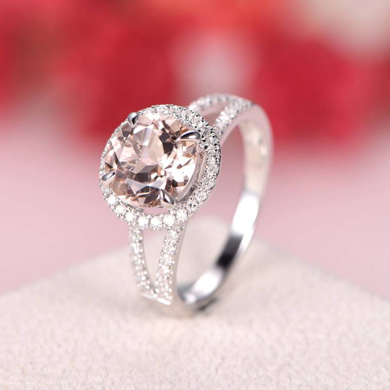 Morganit Verlobungsring Weißgold Runde Geschnitten Diamant Split Schaft Ewigkeit Hochzeit Band Braut Ring Set Infinity Jahrestag Geschenk Frauen von AUjewelAU