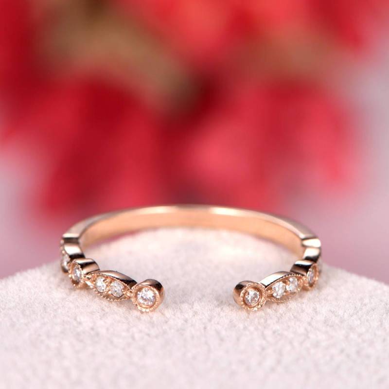Offene Diamant Hochzeit Band 14 K Rose Gold Art Deco Frauen Braut Halbe Ewigkeit Stapeln Ring Jahrestag Stürmigen Dünnen Antiken Passenden von AUjewelAU